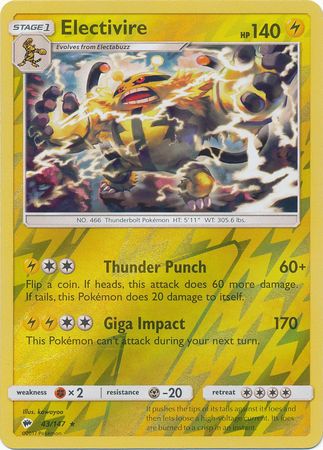 Electivire 43/147 Reverse Holo Rare - Pokemon Card - SM - Burning Shadows