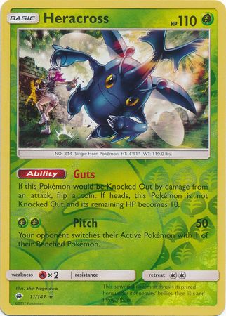 Heracross 11/147 Reverse Holo Rare - Pokemon Card - SM - Burning Shadows