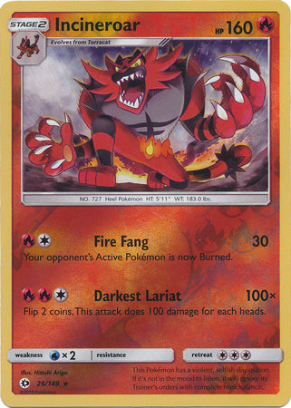 Incineroar 26/149 Rare Reverse Holo Foil - Pokemon Card - Base Set SM