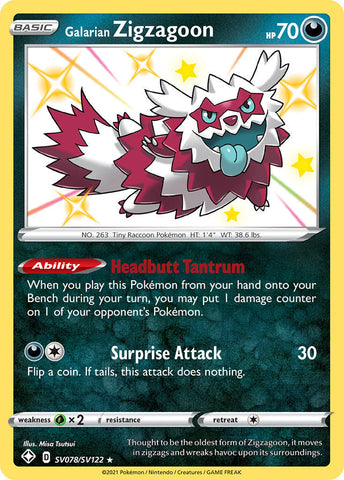 Pokemon Card Galarian Zigzagoon SV078/SV122 Shiny Holo Rare Shining Fates SWSH