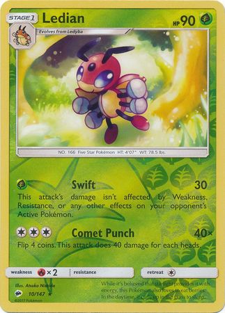 Ledian 10/147 Rare Reverse Holo Foil - Pokemon Card - SM - Burning Shadows