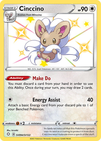 Pokemon Card TCG Cinccino SV094/SV122 Shiny Holo Rare Shining Fates SWSH