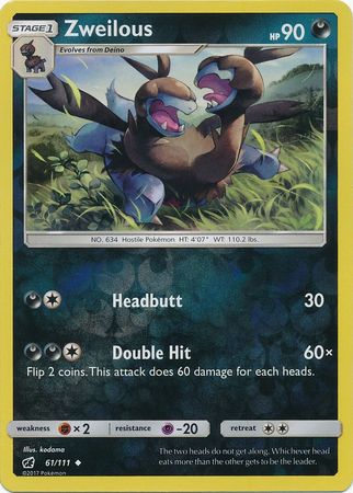 Zweilous 61/111 Uncommon Reverse Holo Foil - Pokemon Card - SM - Crimson Invasion